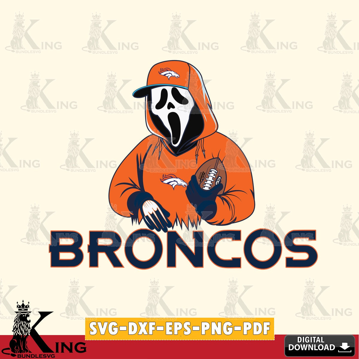 High-quality graphic of a Denver Broncos player in a Ghostface Scream mask, a football-themed vector illustration for POD