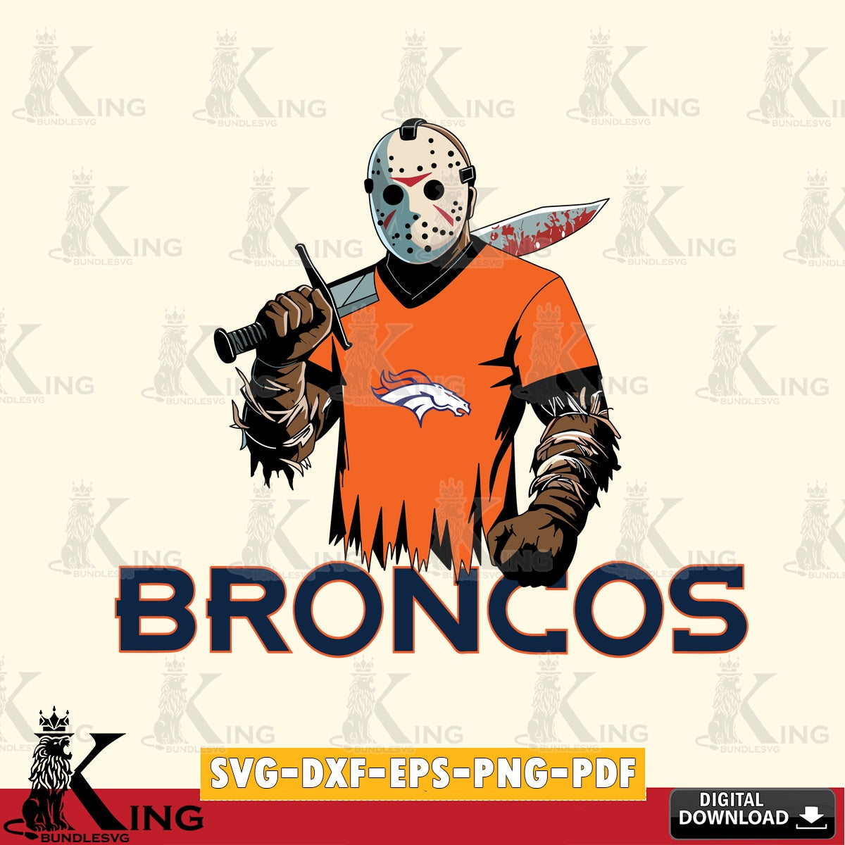 Digital download featuring Denver Broncos Jason Voorhees football, vector illustration for POD merchandise and apparel