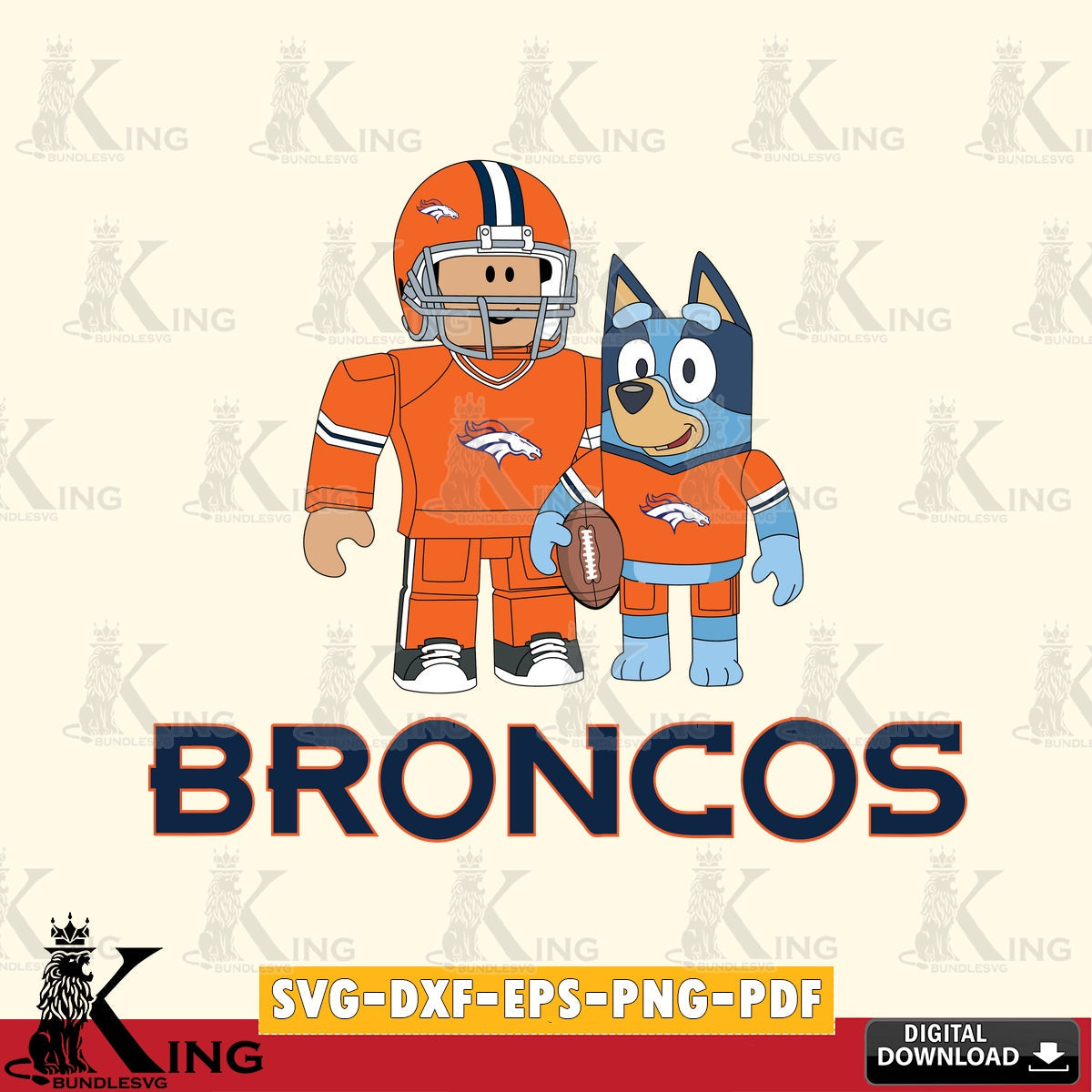 Modern graphic depicting Denver Broncos Roblox & Bluey Football, a printable vector design for sublimation and crafts