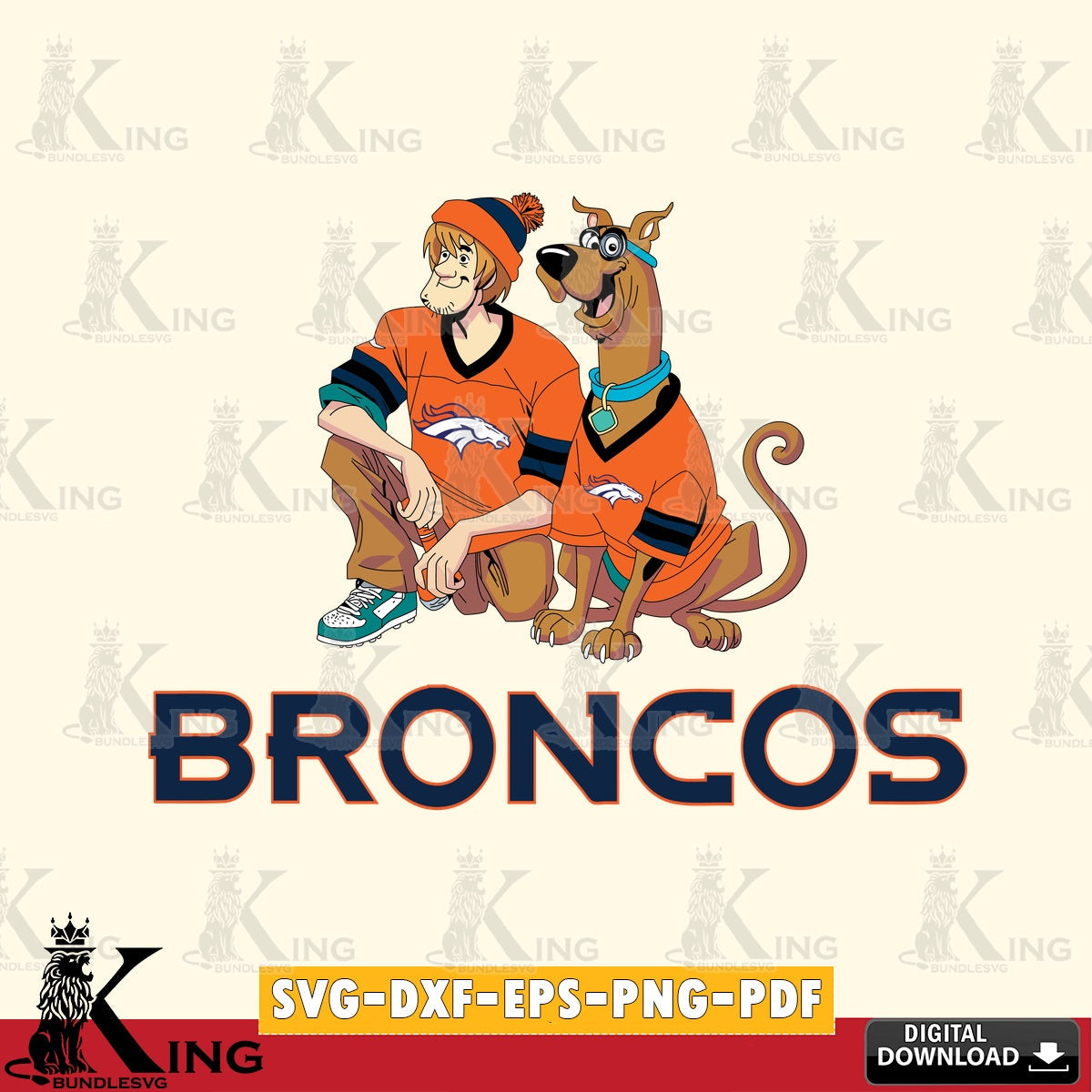 Stylish representation of Denver Broncos Shaggy and Scooby Doo football, a crafting file for iron-on transfer and vinyl decals.