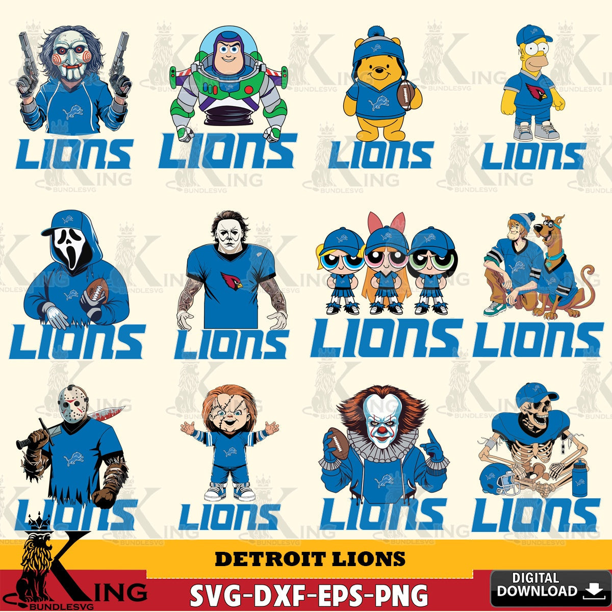 Jumbo collection of Detroit Lions Cartoon Football NFL Bundle, versatile clip art for stickers, decals, and mugs