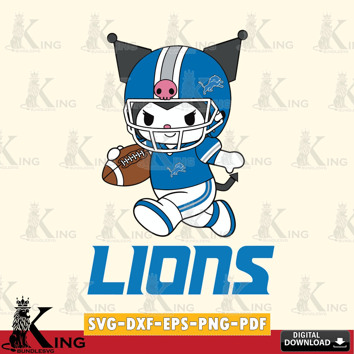 Detroit Lions Kuromi Football Run SVG file, Cricut, Cut file  , Digital Download , Instant Download, Sanrio svg, Clipart
