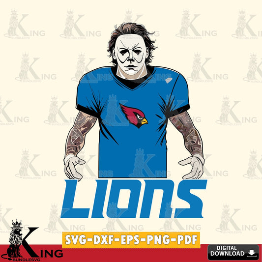 Stylish representation of a Detroit Lions Michael Myers tattoo football, PNG clipart for sublimation printing and graphic design