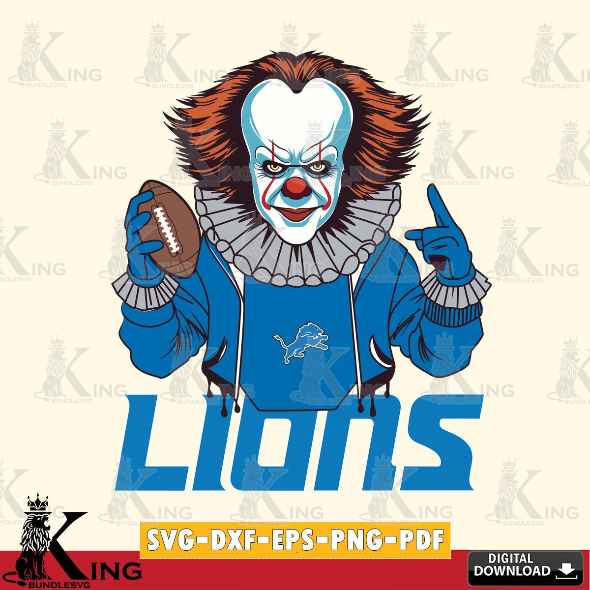 Detailed illustration of a Detroit Lions Pennywise player in a football game as vector art for engraving, cutting, and printing