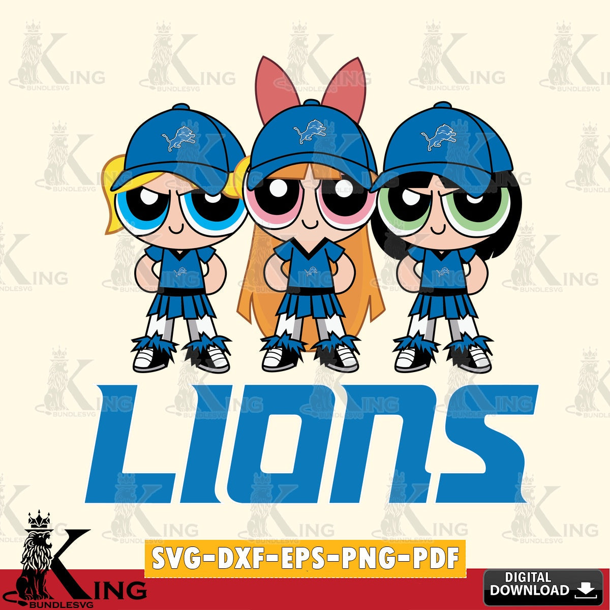 Hand-drawn style art of Detroit Lions PowerPuff Girls football, a printable vector design for sublimation and crafts