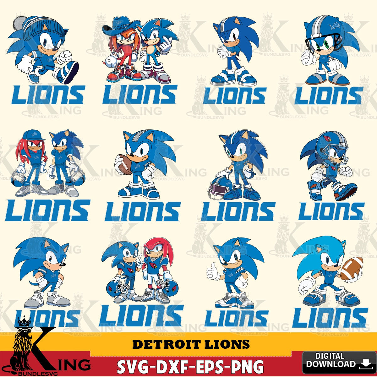 Jumbo collection of Detroit Lions Sonic & Knuckles NFL Football Bundle vector digital file for silhouette cameo and cricut