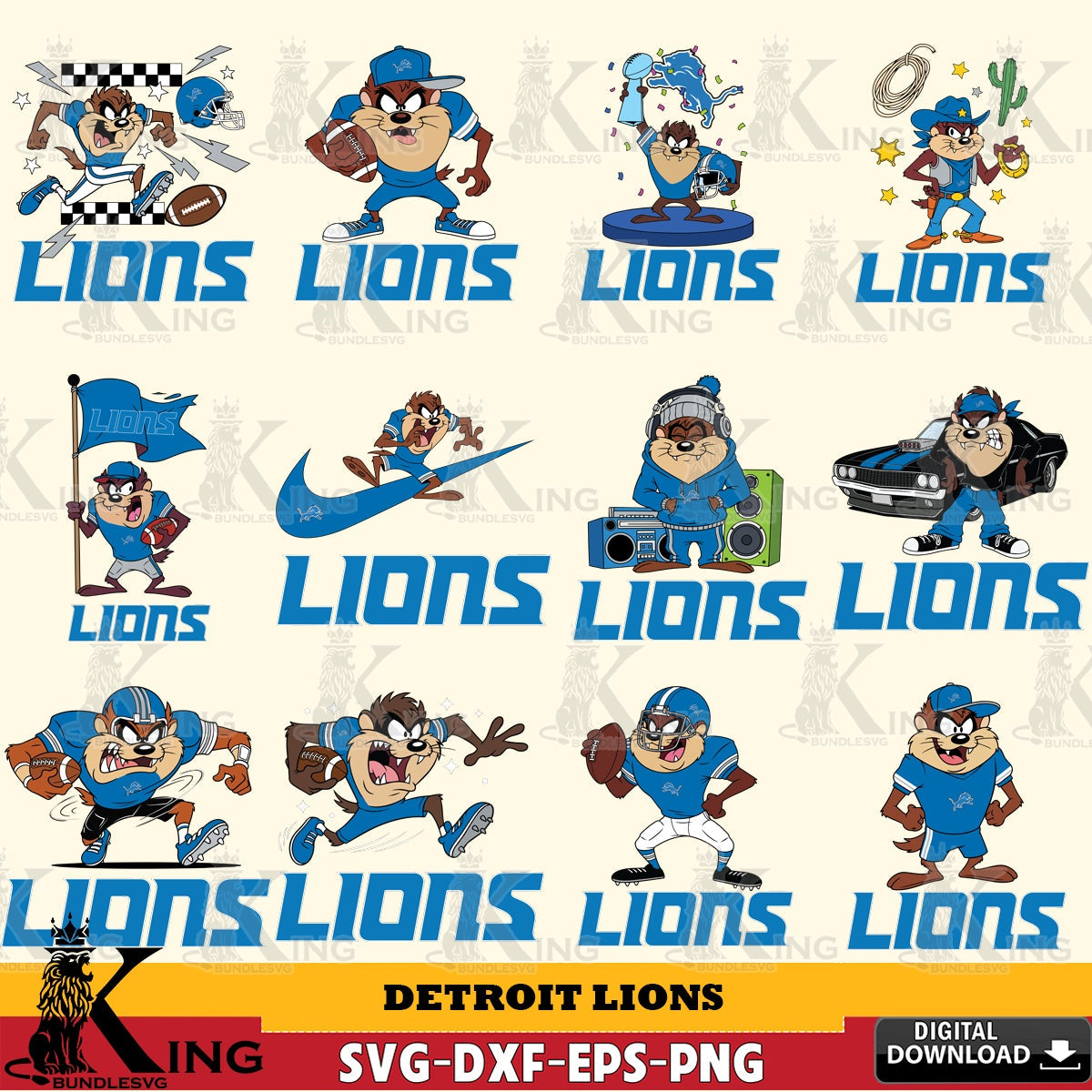 Detroit Lions Taz (Looney Tunes) Football NFL Bundle Cut file  , Digital Download , Instant Download, Looney Tunes svg, Football svg