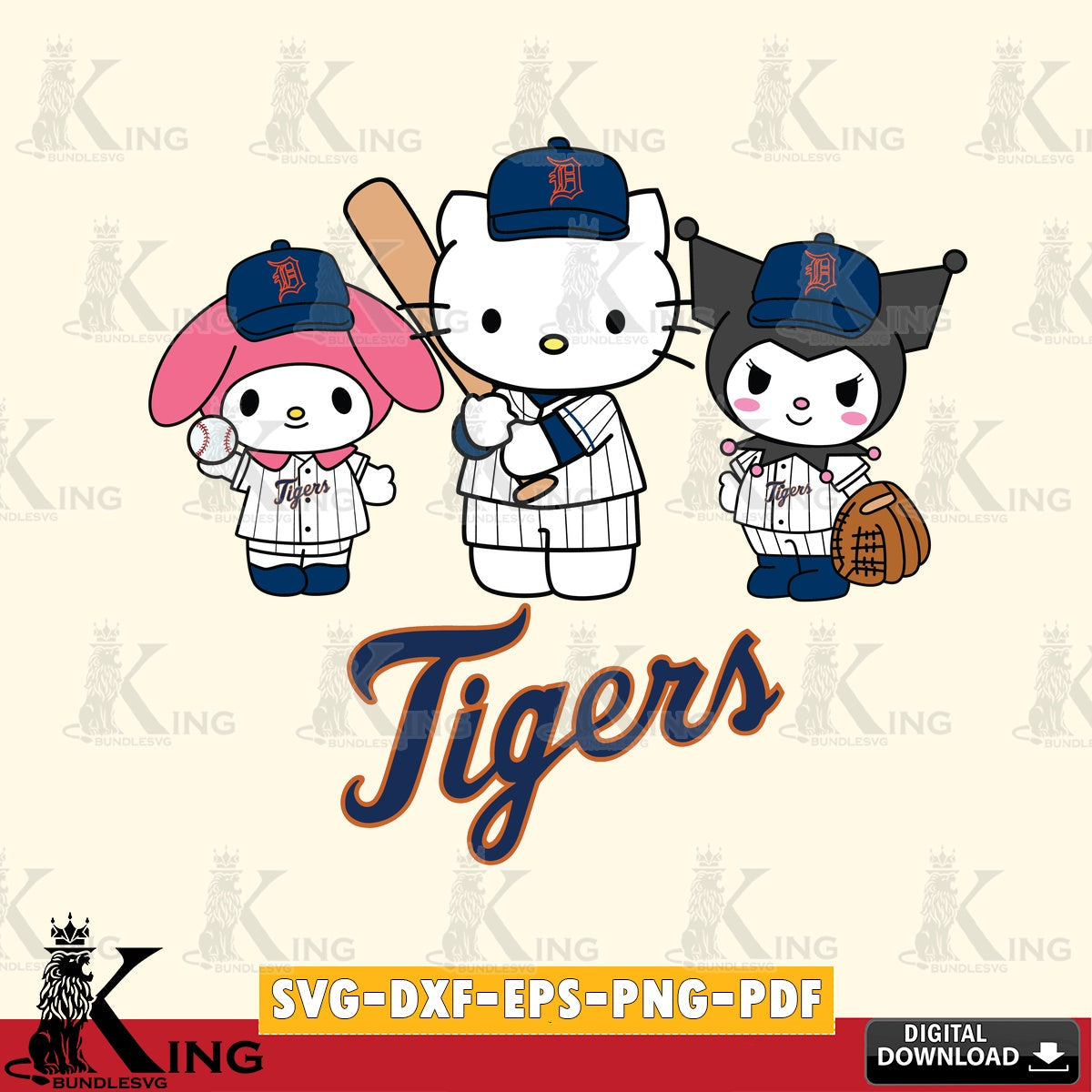 Artistic drawing of Detroit Tigers cute kawaii friends SVG PNG design suitable for Glowforge and laser cutting