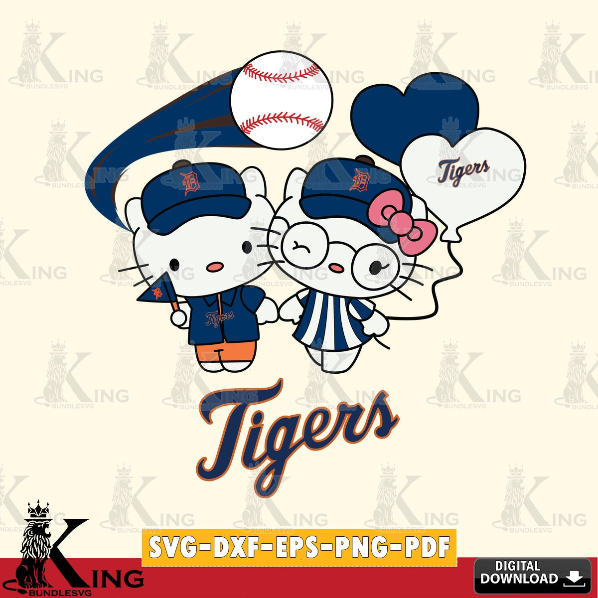 All-in-one bundle of Detroit Tigers Hello Kitty baseball couple vector illustration for POD merchandise and apparel