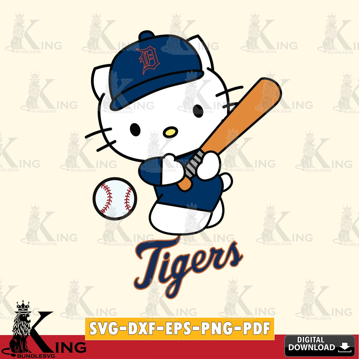 Giant set featuring Detroit Tigers Hello Kitty playing baseball, cut file ideal for vinyl projects and T-shirt printing