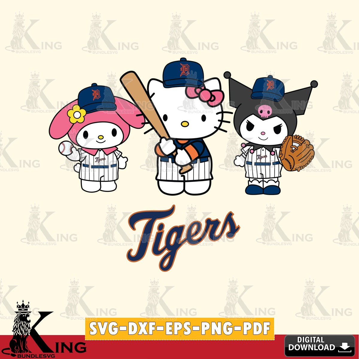 Vector design showing Detroit Tigers Kawaii baseball team, a digital file for silhouette cameo and cricut projects.