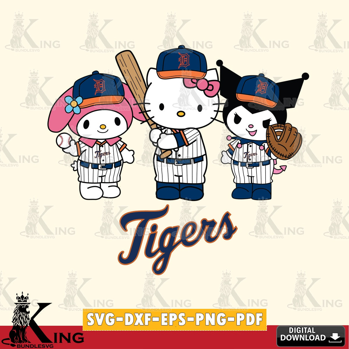 Detailed illustration of a Detroit Tigers Kawaii team baseball player, crafting file for iron-on transfer and vinyl decals