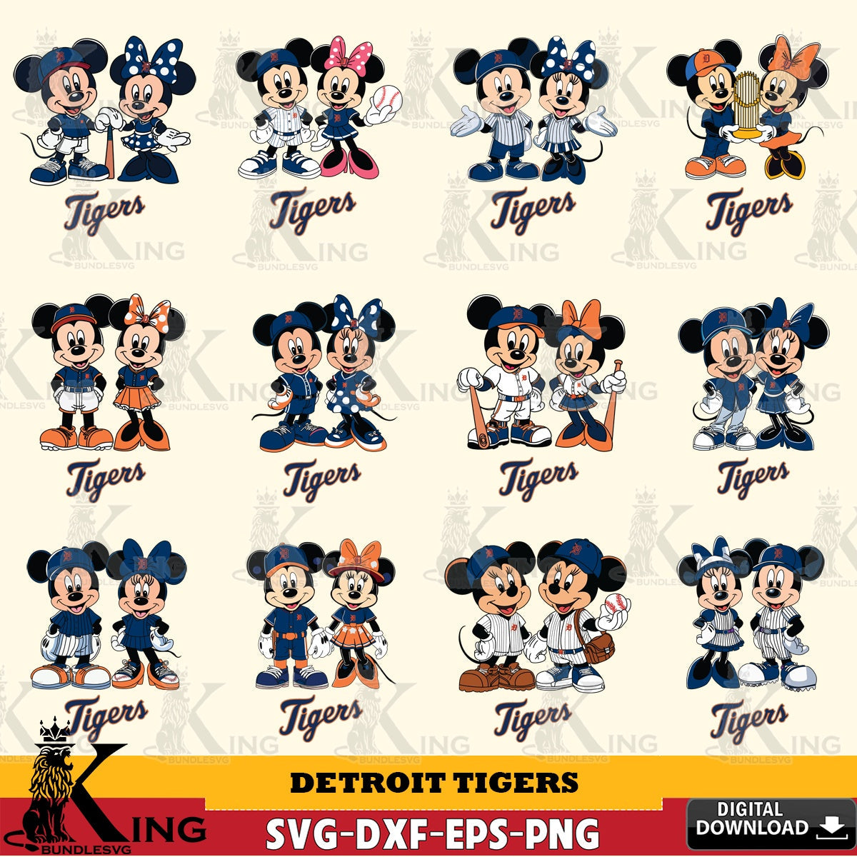 Detroit Tigers Mickey Minnie Baseball Player MLB Bundle SVG file , For Cricut,  File cut , Digital Download , PDF File, Cut Files