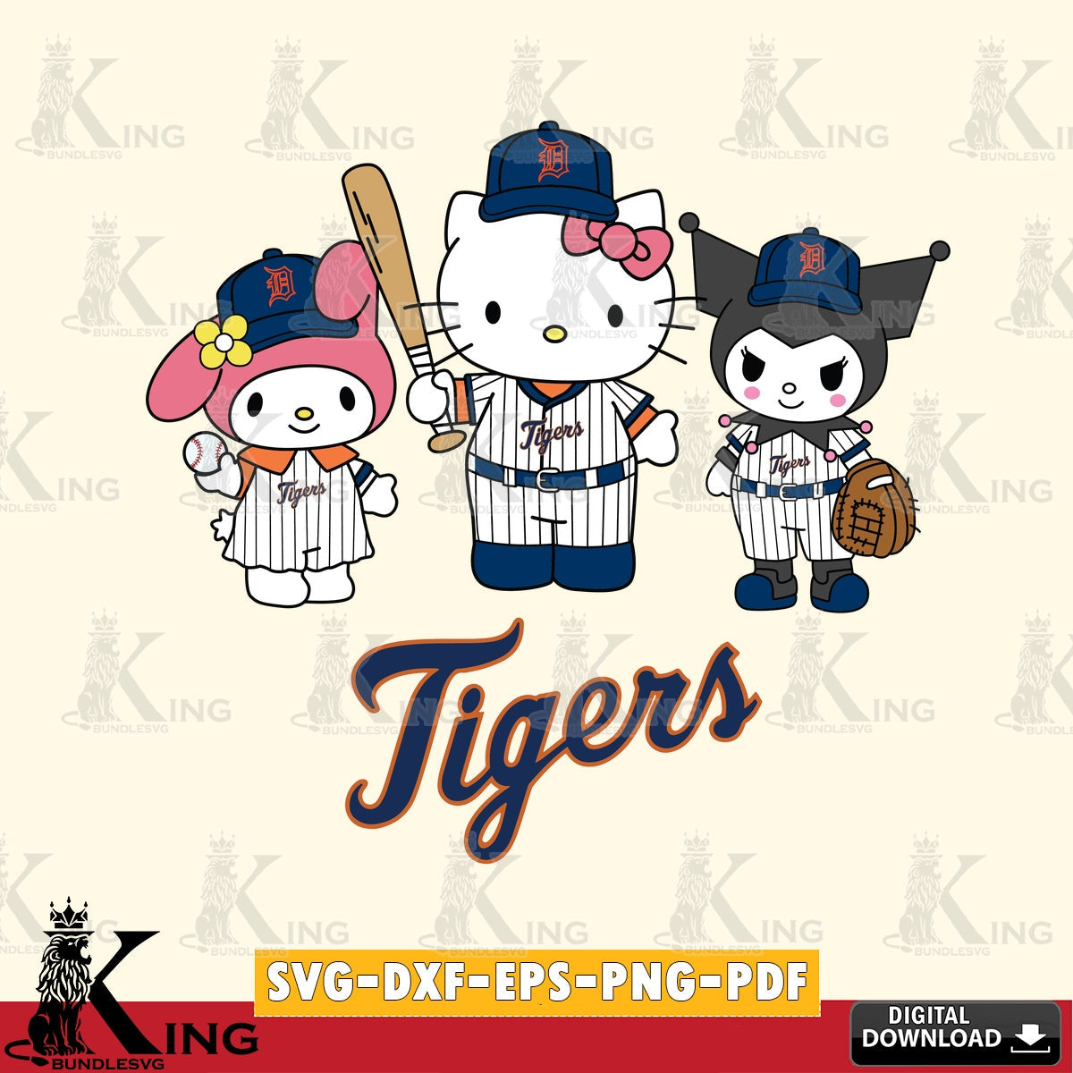 Exclusive set of Detroit Tigers Squad kitty kuromi melody cut file ideal for vinyl projects and T-shirt printing