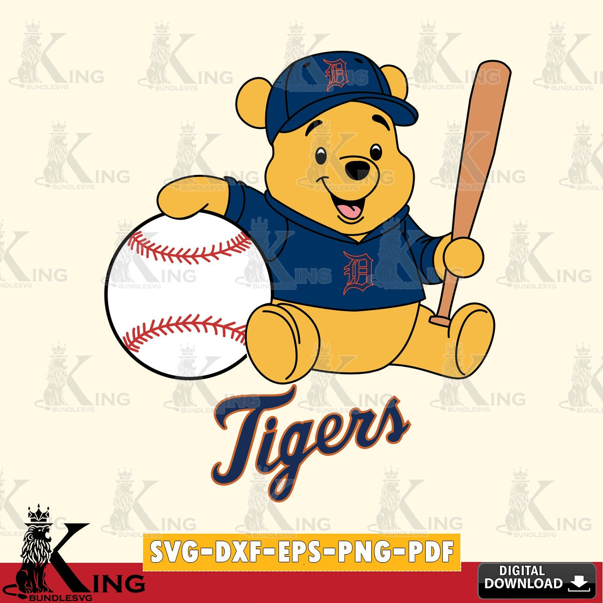 Custom design featuring Detroit Tigers Winnie the Pooh baseball star player, a printable vector design for sublimation and crafts.