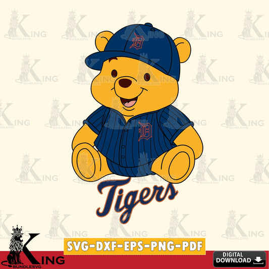 Creative design featuring Detroit Tigers Winnie the Pooh cute baseball digital file for silhouette cameo and cricut projects