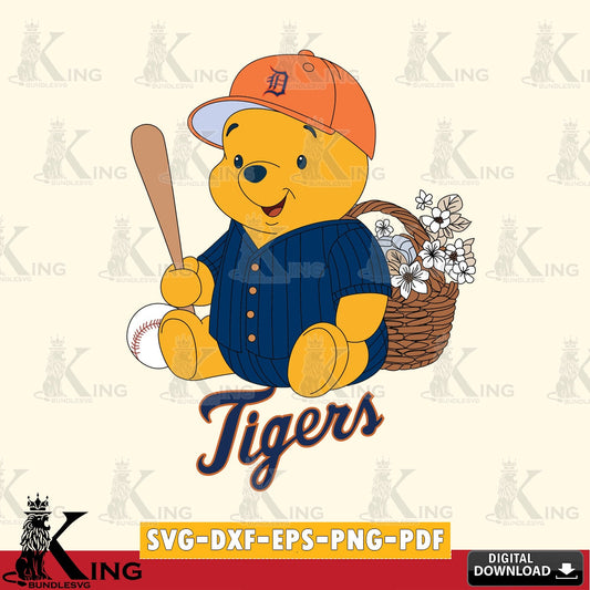 Digital download featuring Detroit Tigers Winnie the Pooh Flower Baseball SVG PNG files perfect for Cricut and Silhouette cutting