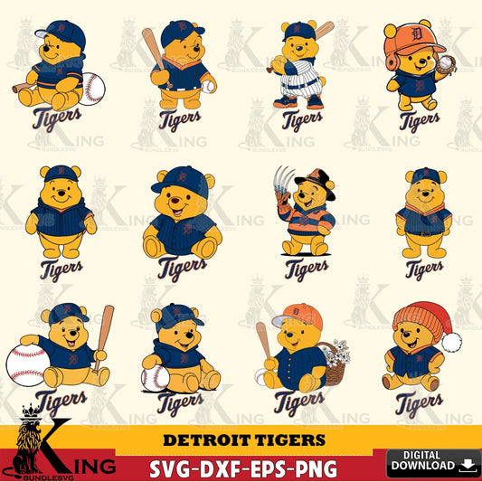 Exclusive set of Detroit Tigers Winnie the Pooh MLB baseball bundle, cut file ideal for vinyl projects and T-shirt printing