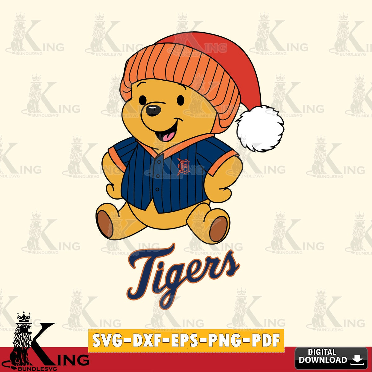 Artistic drawing of Detroit Tigers Winnie the Pooh playing ball SVG cut file for personalized gifts and laser projects