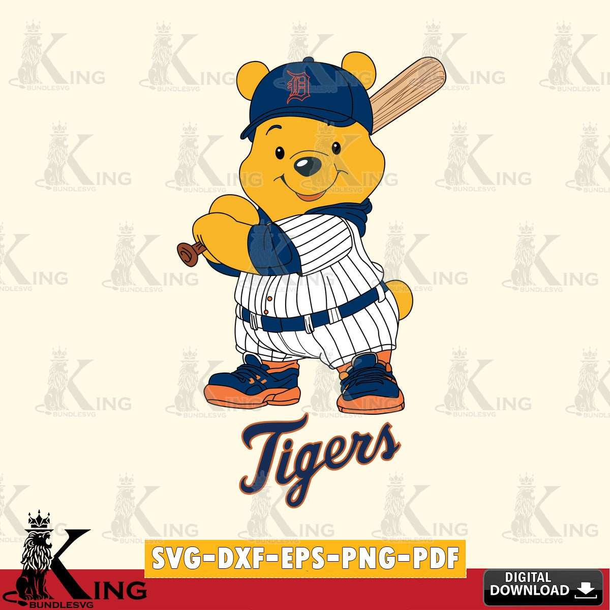 Detailed illustration of Detroit Tigers Winnie the Pooh player baseball, high-quality vector for DIY scrapbooking and home decor