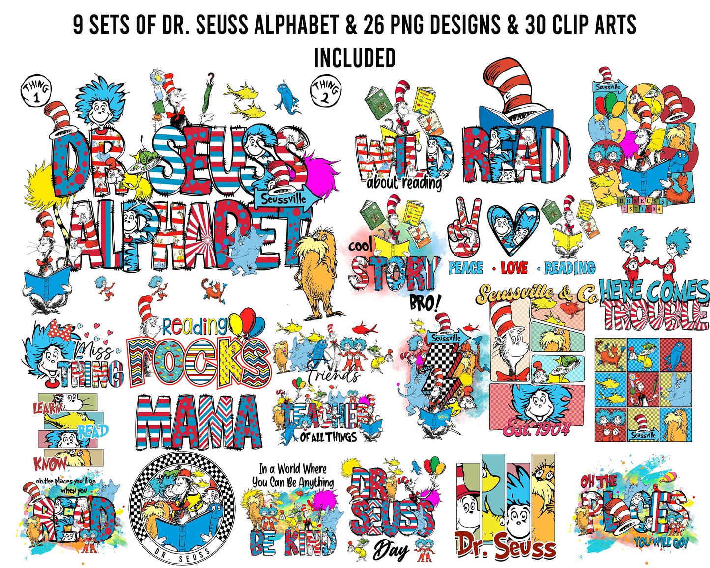 Dr. Suess Png Bundle, Dr. Suess Alphabet Png, Cat In The Hat Png bundle, Digital download , Instant Download