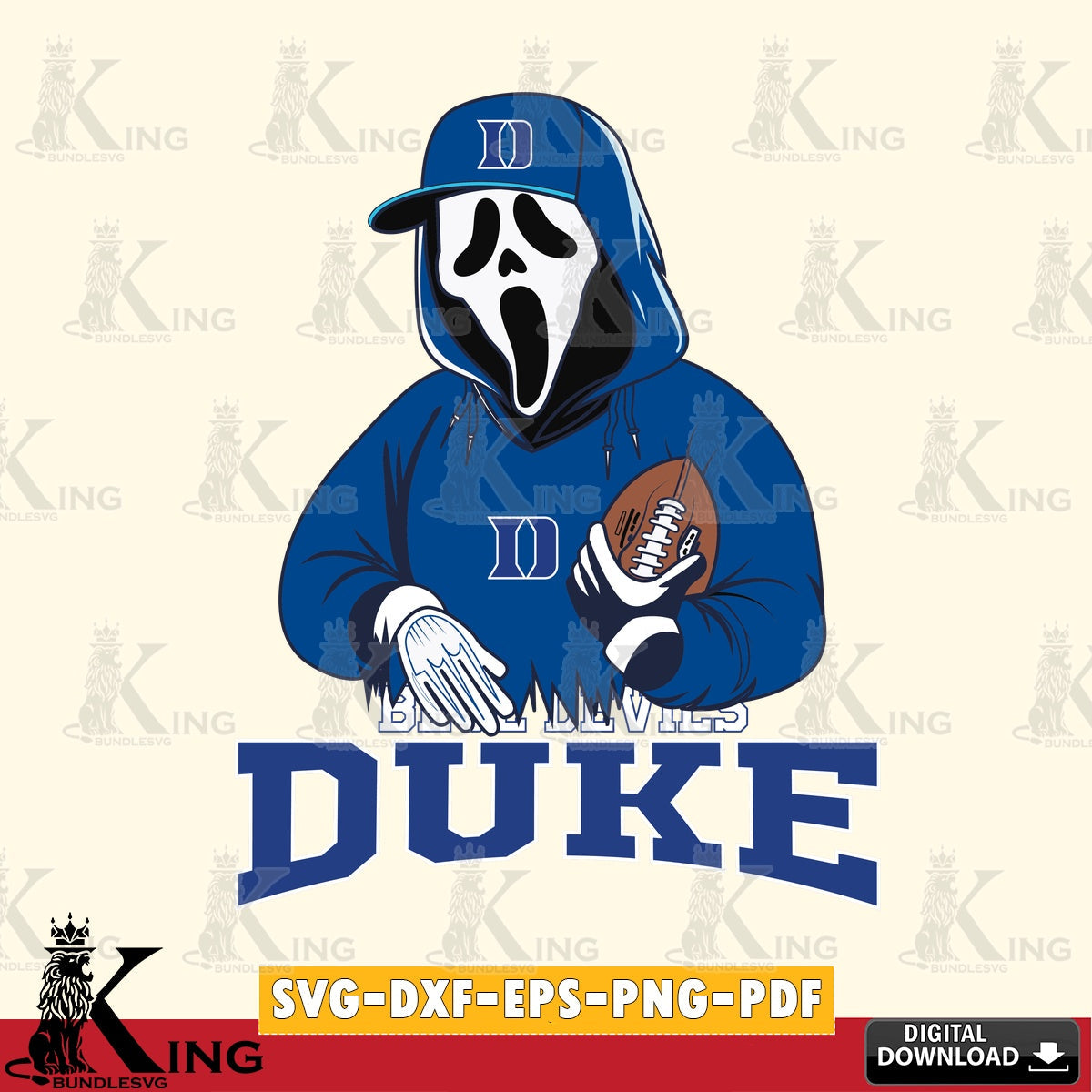 Vector design showing a Duke Blue Devils Ghostface Scream football player, a high-quality vector for DIY scrapbooking and home