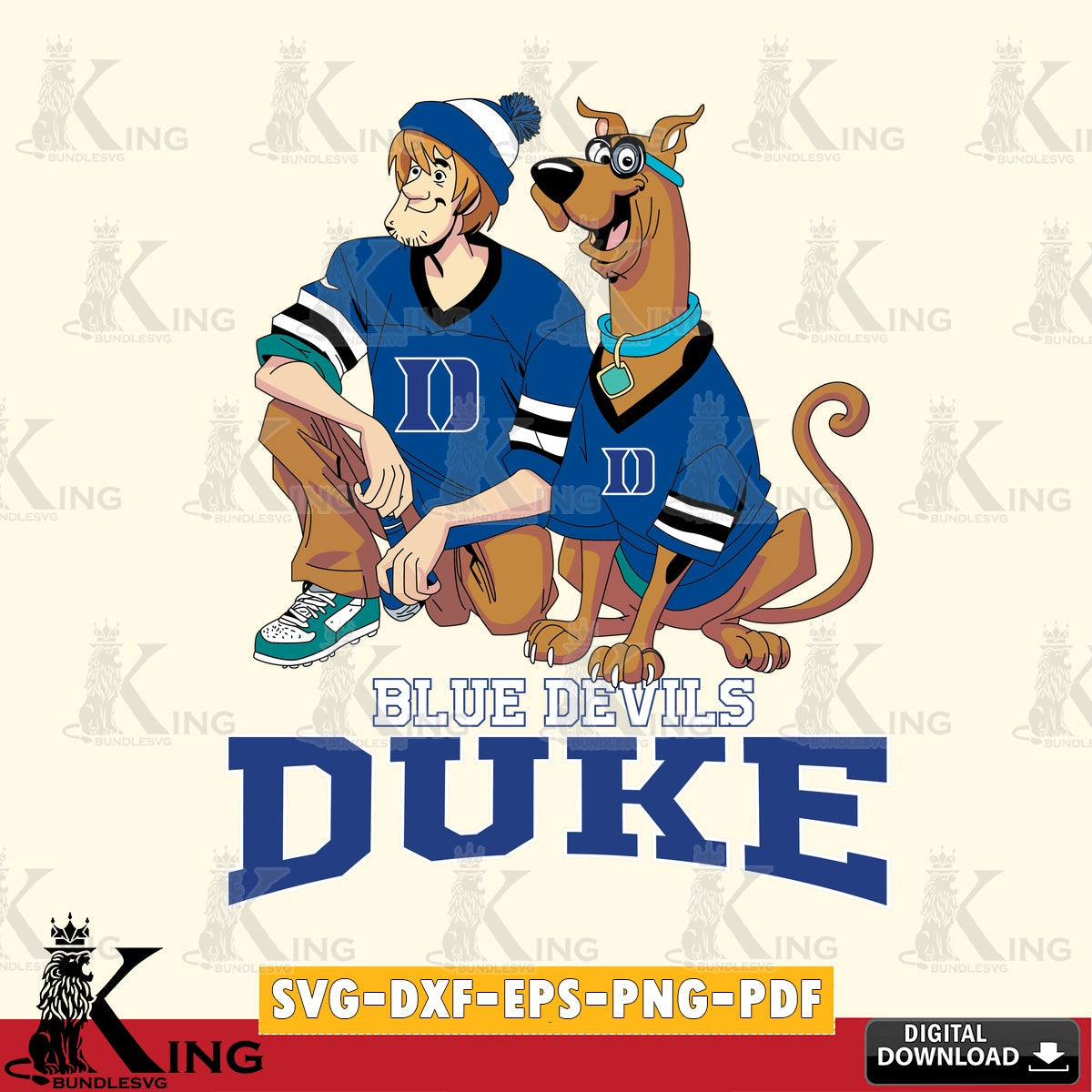 Stylish representation of Duke Blue Devils Shaggy and Scooby Doo football vector art for engraving, cutting, and printing.