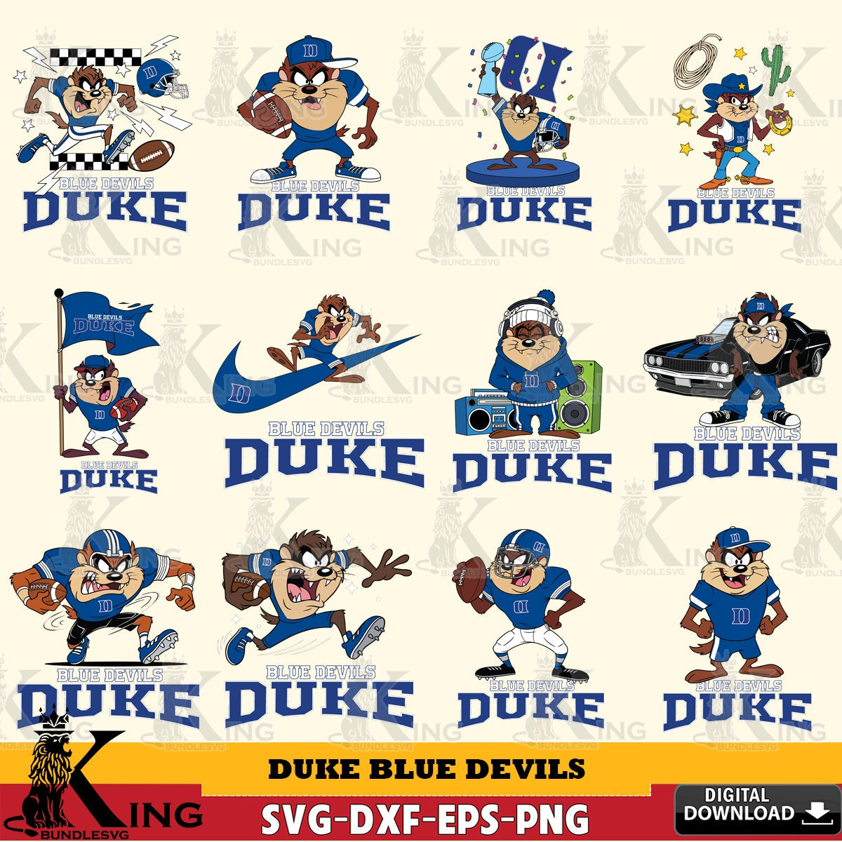 Duke Blue Devils Taz Football NCAA Bundle SVG file, Cut file  , Digital Download , Instant Download, Taz svg, NCAA svg