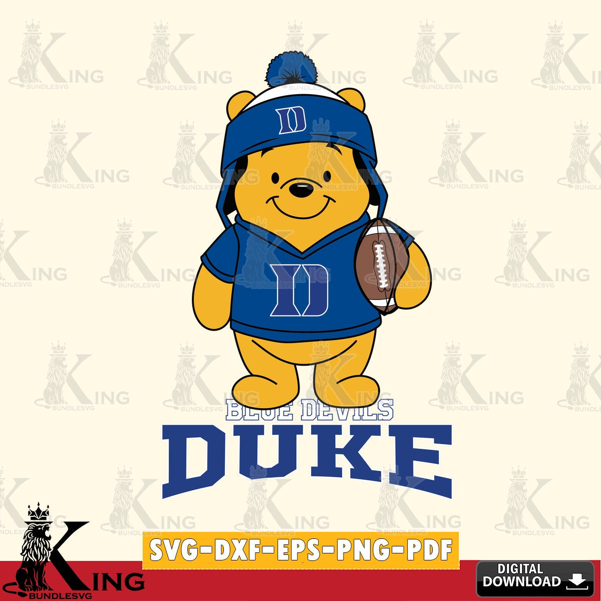 Vector design showing Duke Blue Devils Winnie the Pooh player football, a digital download for Cricut Maker and paper crafts.