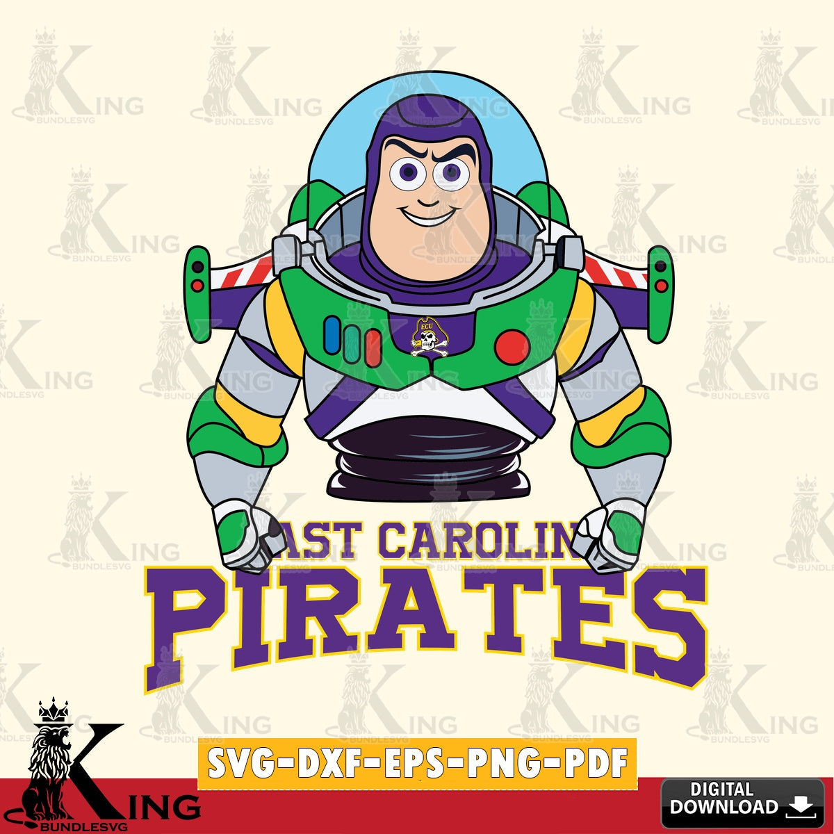 Digital clipart of East Carolina Pirates Buzz Lightyear Football, NCAA SVG PNG design suitable for Glowforge and laser cutting