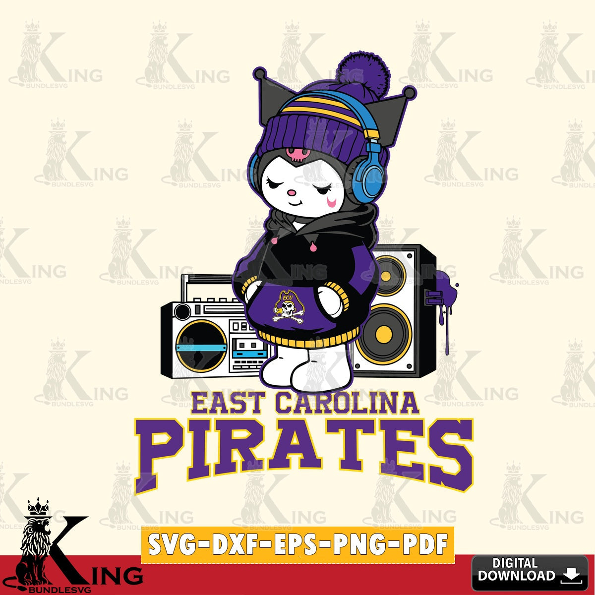 East Carolina Pirates Kuromi Football Music SVG file, Cricut, Cut file  , Digital Download , Instant Download, Sanrio svg, Clipart
