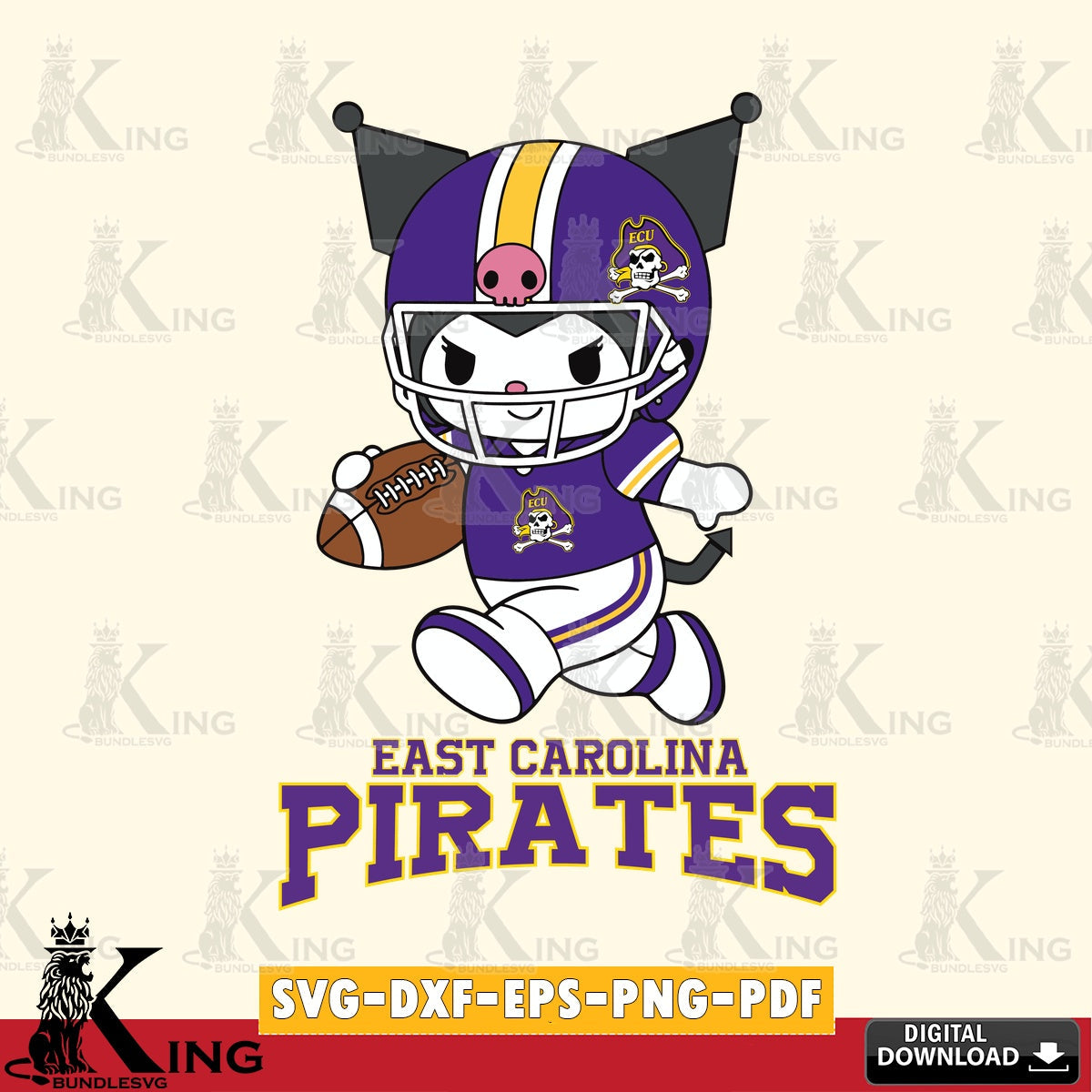 East Carolina Pirates Kuromi Football Run SVG file, Cricut, Cut file  , Digital Download , Instant Download, Sanrio svg, Clipart
