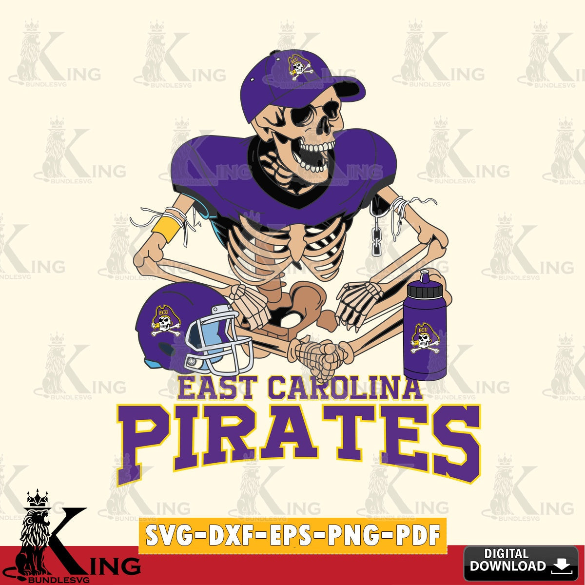Eye-catching graphic of an East Carolina Pirates skeleton football player, vector illustration for POD merchandise and apparel