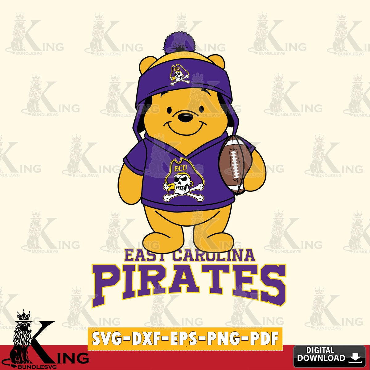 Hand-drawn style art of East Carolina Pirates Winnie the Pooh football player, a vector illustration for POD merchandise and
