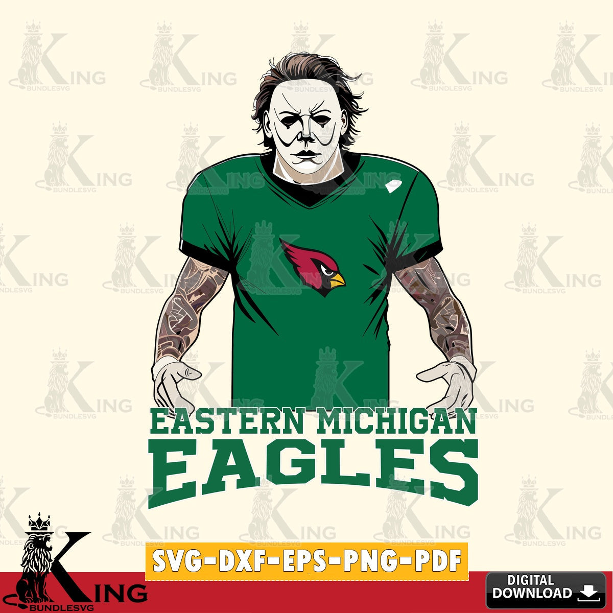 Custom design featuring Eastern Michigan Eagles Michael Myers Tattoo Football SVG cut file for personalized gifts and laser