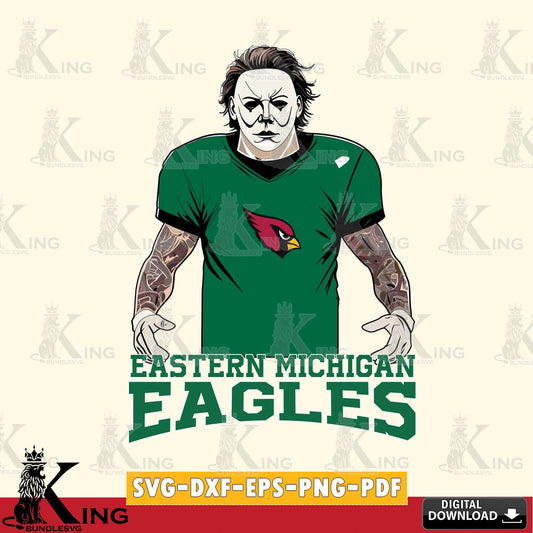 Custom design featuring Eastern Michigan Eagles Michael Myers Tattoo Football SVG cut file for personalized gifts and laser