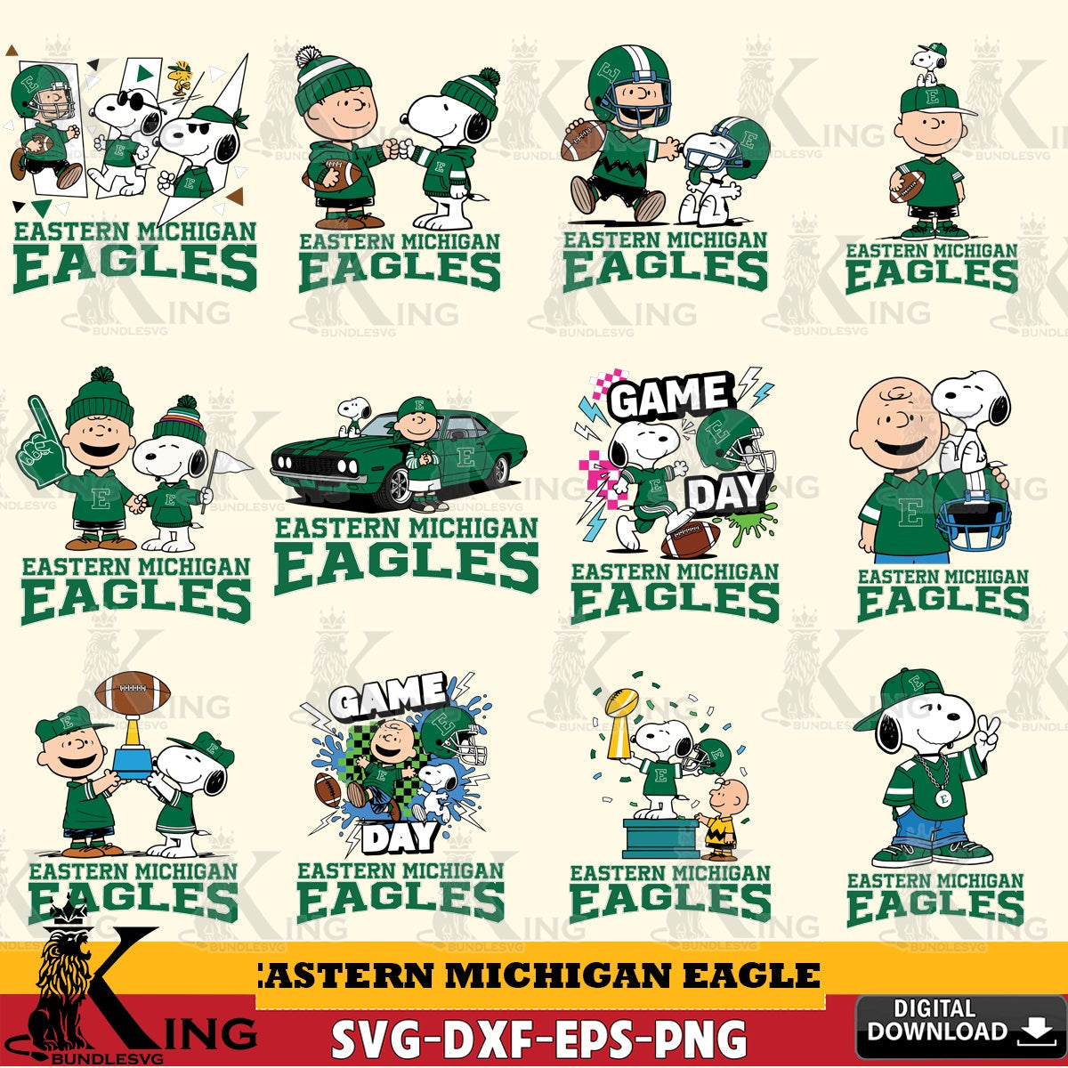 Eastern Michigan Eagles Peanuts Football NCAA Bundle SVG, Cricut, Cut file  , Digital Download , Instant Download, Peanuts svg, NCAA svg, Football svg, Sport svg