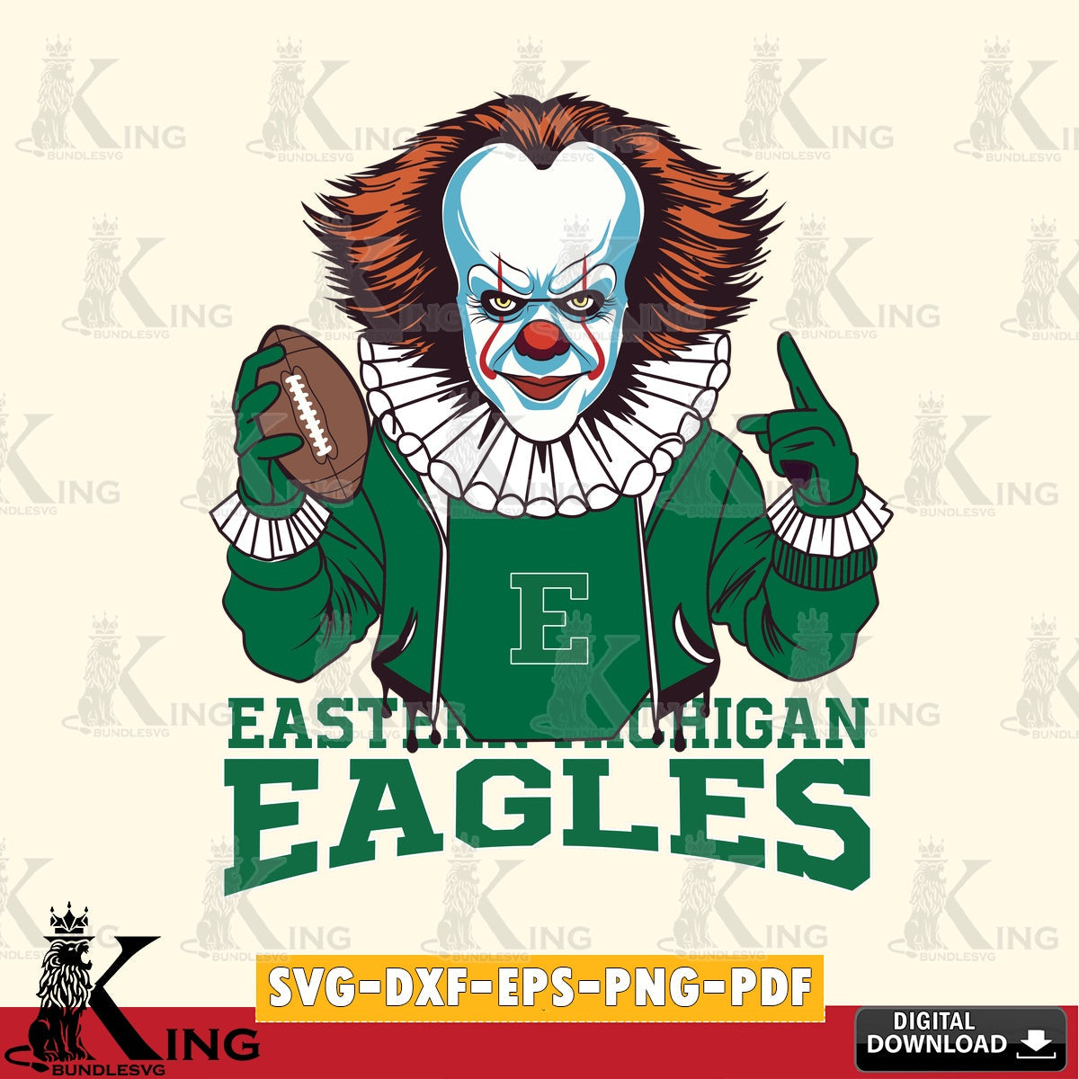 Modern graphic depicting Eastern Michigan Eagles Pennywise football player, digital file for silhouette cameo and cricut projects