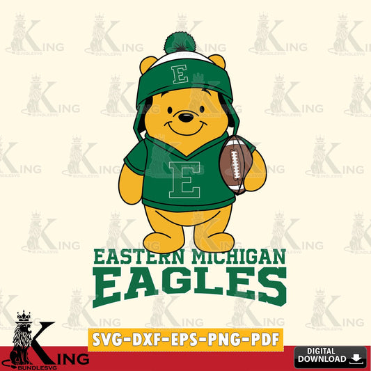 Beautiful illustration of an Eastern Michigan Eagles Winnie the Pooh player football, NCAA file cut, SVG PNG design suitable for