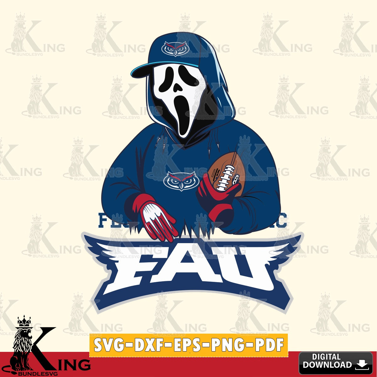 Detailed illustration of Florida Atlantic Owls Ghostface Scream football player SVG cut file for personalized gifts and laser