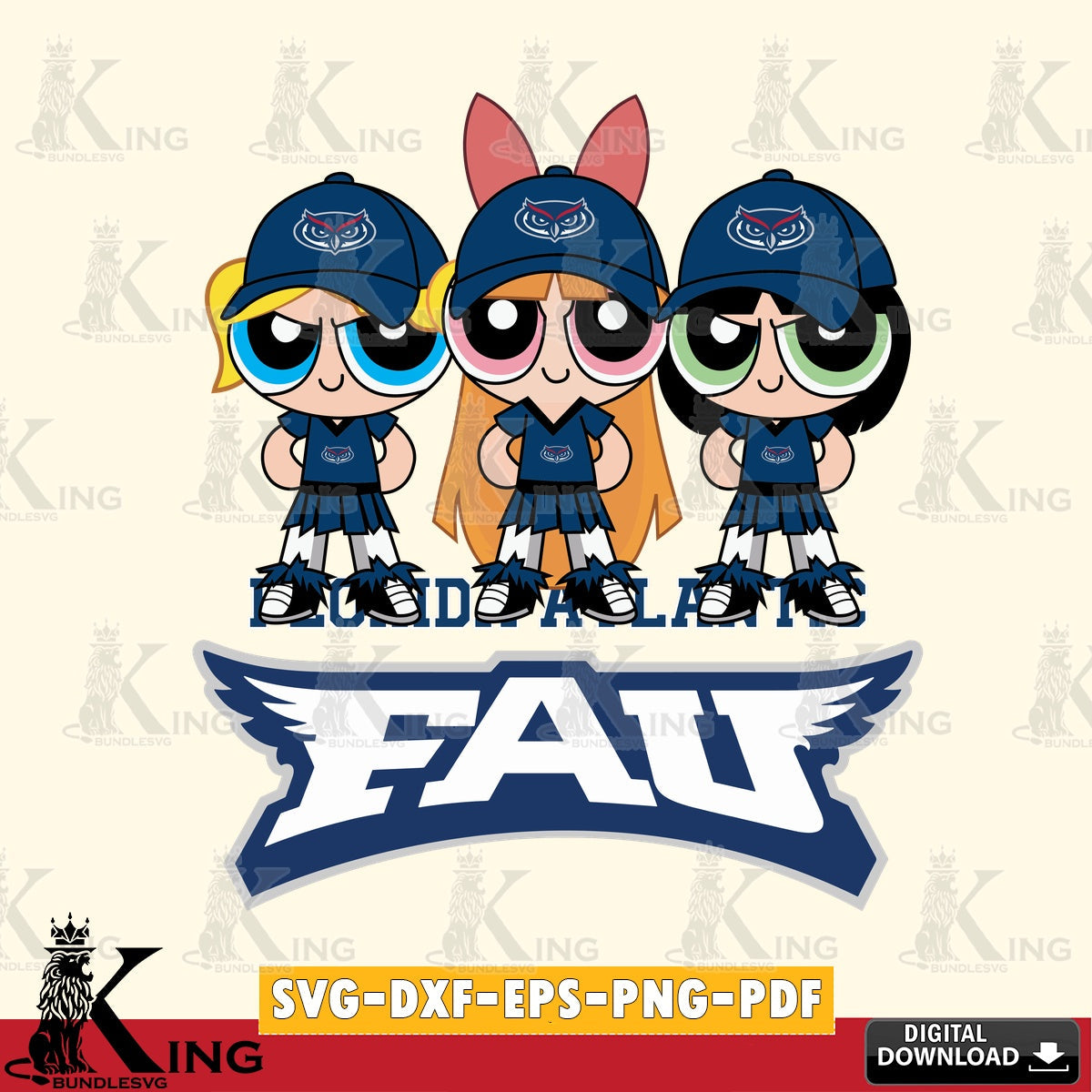 Detailed illustration of Florida Atlantic Owls PowerPuff Girls Football, NCAA File cut, SVG PNG files perfect for Cricut and