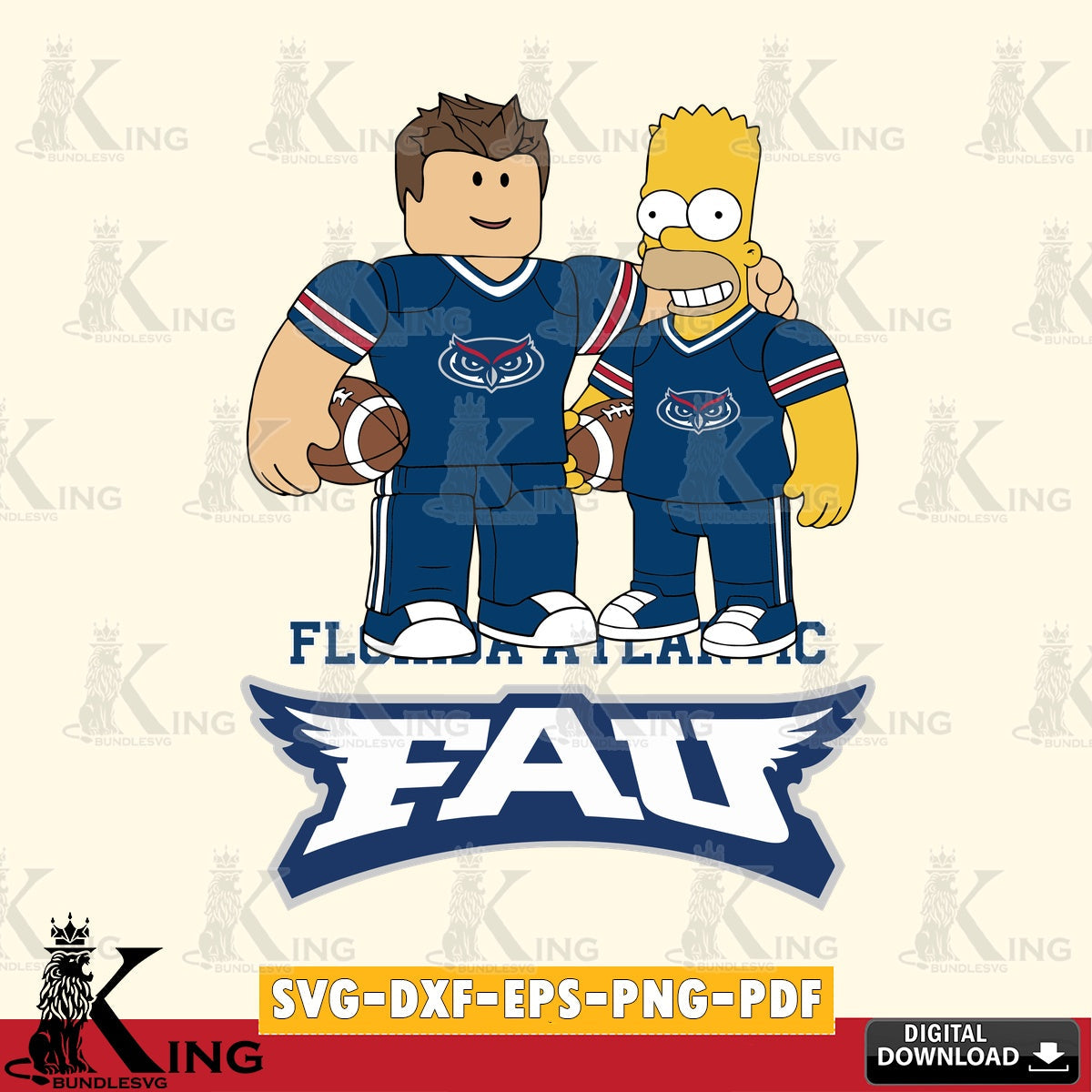 Stylish representation of Florida Atlantic Owls Roblox & Homer Simpson Football, printable vector design for sublimation and