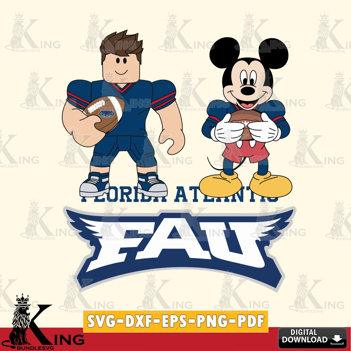 Eye-catching graphic of Florida Atlantic Owls Roblox & Mickey Football NCAA Cricut, vector illustration for POD merchandise and