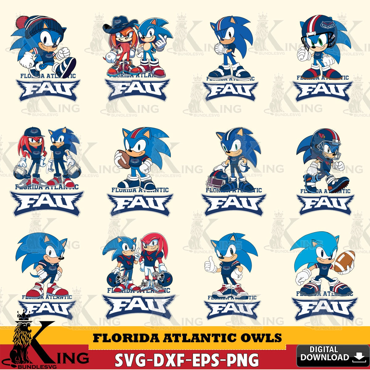 Massive pack of Florida Atlantic Owls Sonic & Knuckles NCAA Football bundle vector art for engraving, cutting, and printing
