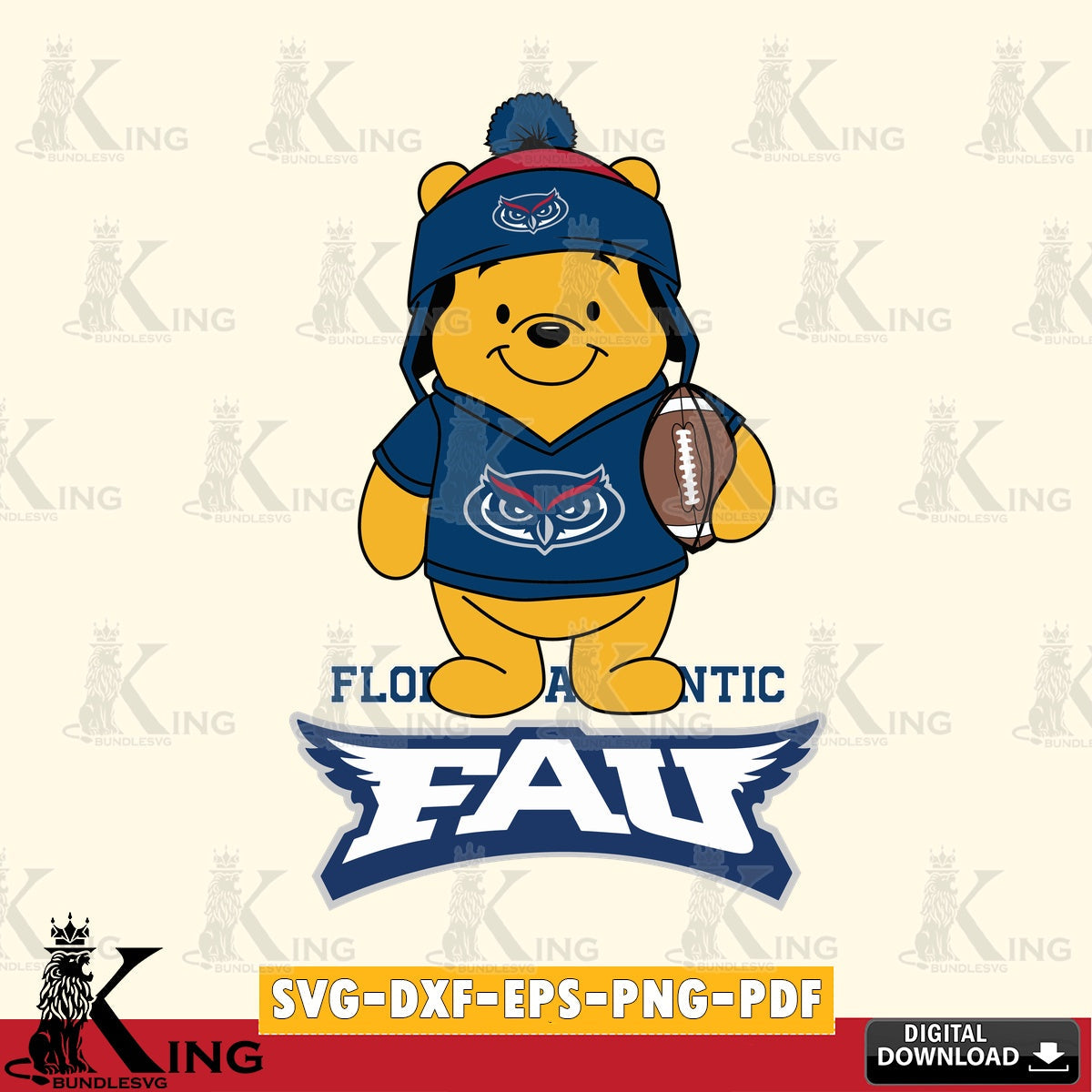 High-quality graphic of Florida Atlantic Owls Winnie the Pooh player Football, high-quality vector for DIY scrapbooking and home