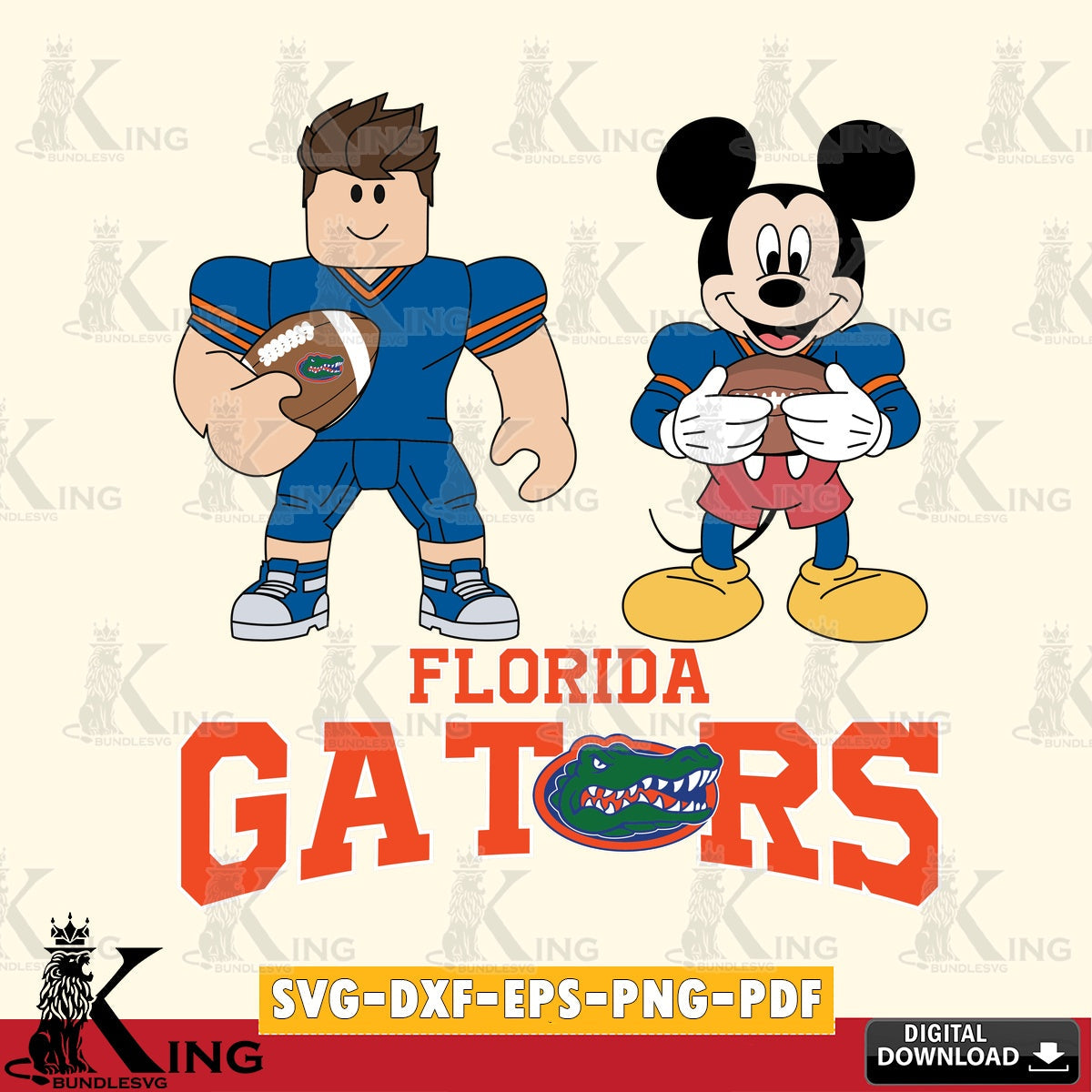 Unique artwork depicting Florida Gators Roblox & Mickey Football, NCAA Cricut vector art for engraving, cutting, and printing.