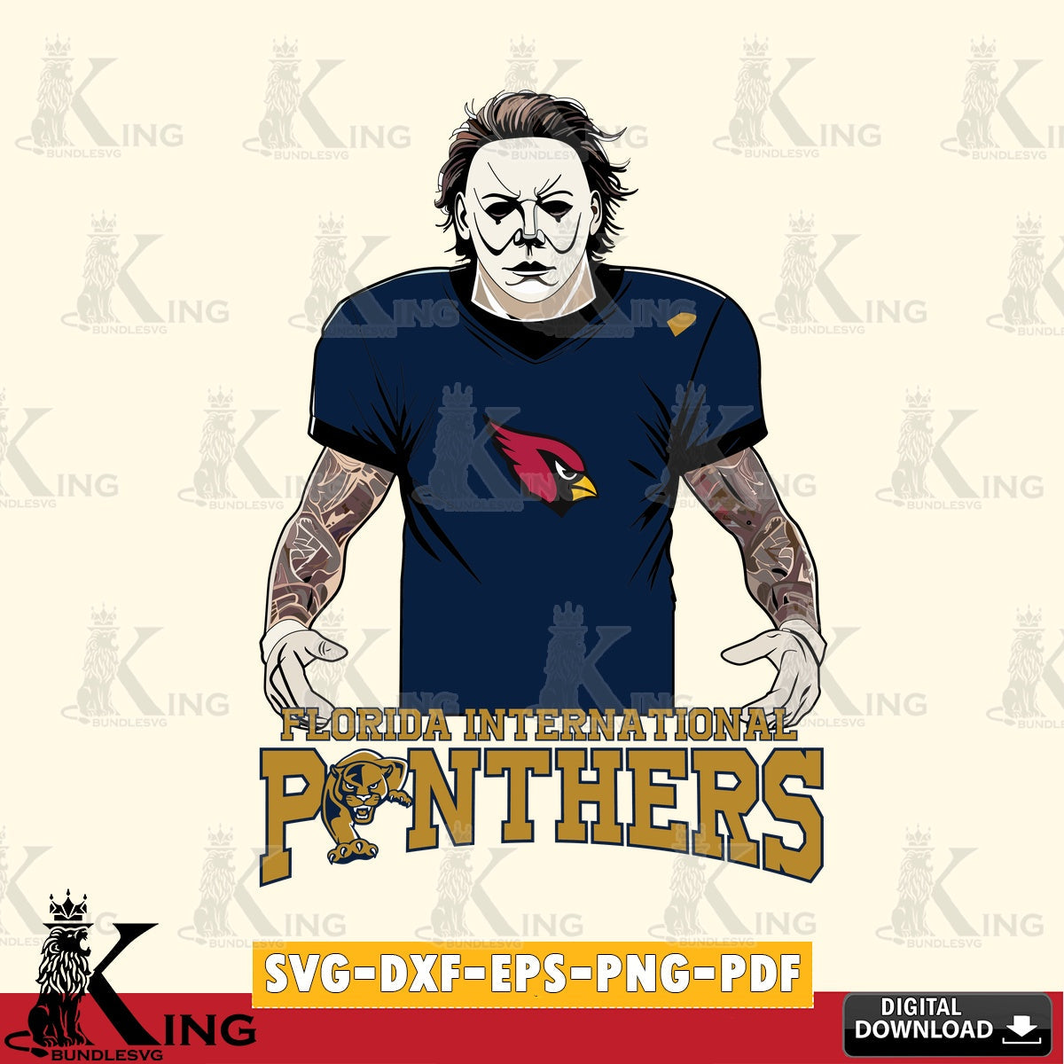 Unique artwork depicting Florida International Panthers Michael Myers Tattoo Football, SVG PNG design suitable for Glowforge and
