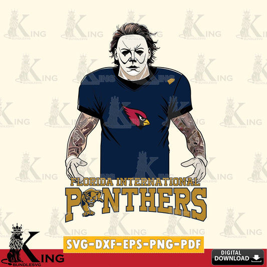 Unique artwork depicting Florida International Panthers Michael Myers Tattoo Football, SVG PNG design suitable for Glowforge and