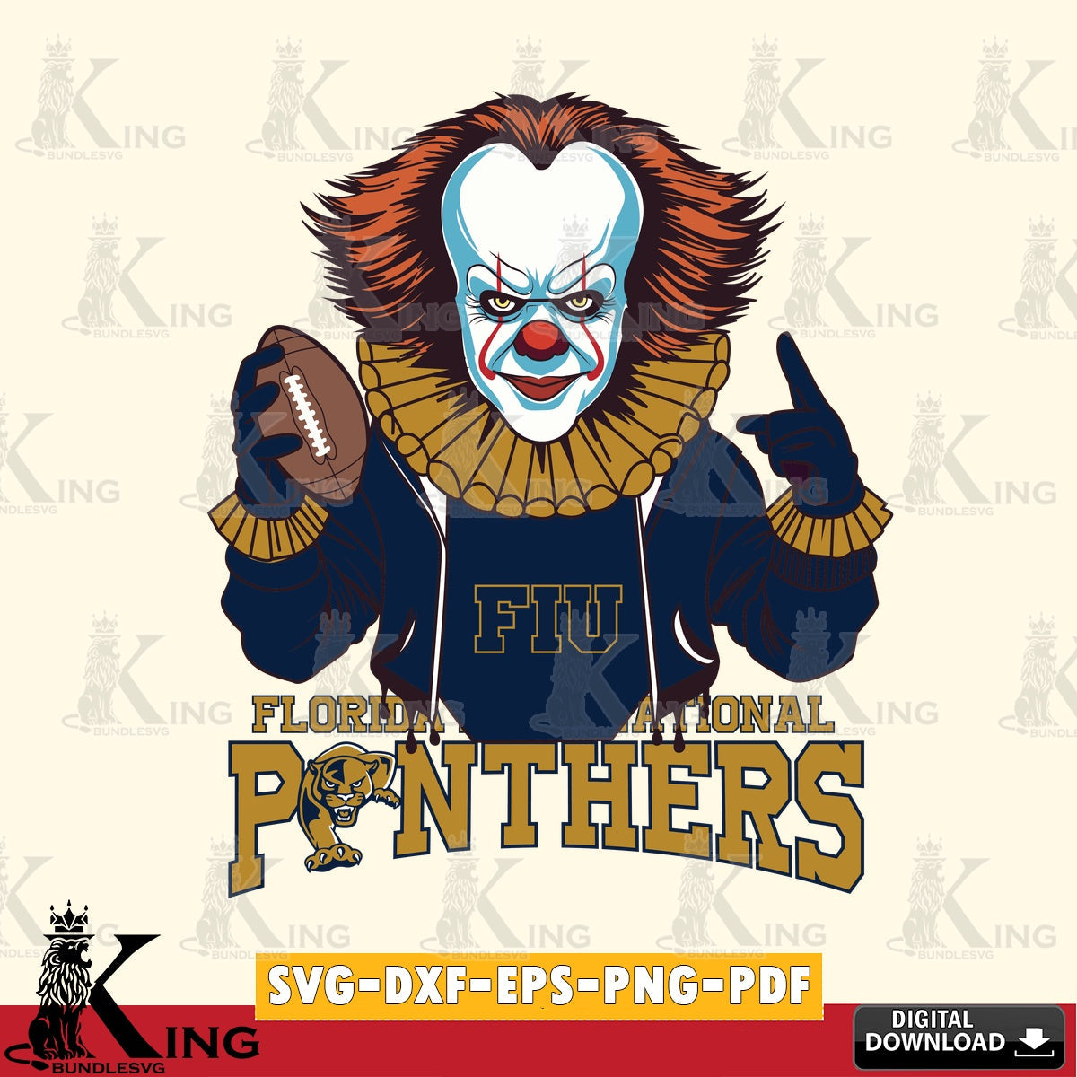 Detailed illustration of Florida International Panthers Pennywise football player, digital file for silhouette cameo and cricut
