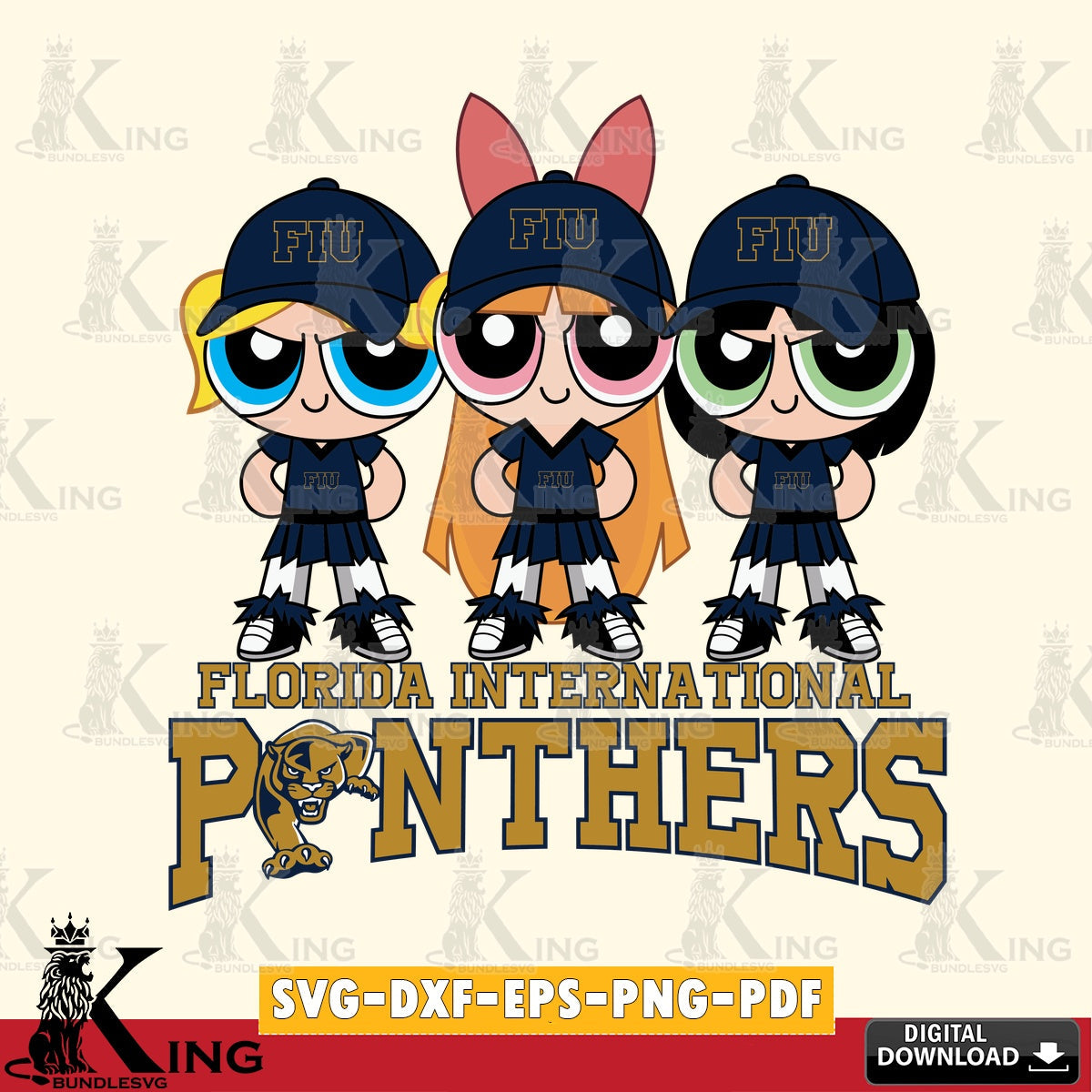 High-quality graphic of Florida International Panthers PowerPuff Girls football, a printable vector design for sublimation and